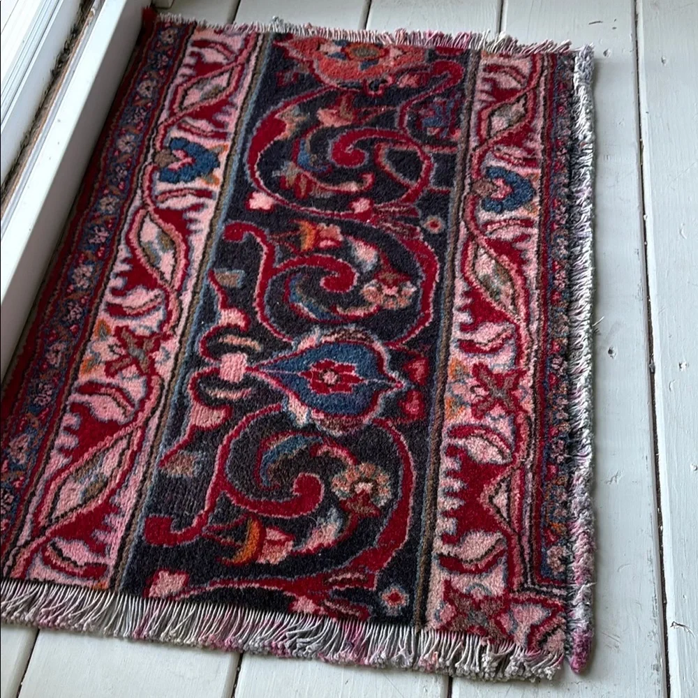 Classic hand knotted Red and Blue Patterned Wool Persian rug Door Mat.